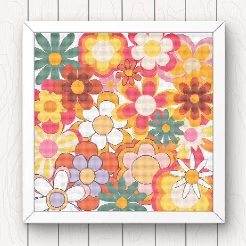 May include: A colorful retro-style floral pattern with a variety of flowers in shades of orange, yellow, pink, red, white, and green.
