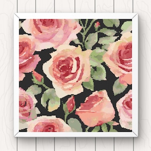 Patrón de punto de cruz de rosas flores de acuarela modernas en rosa y melocotón pdf descarga instantánea gráfico de punto de cruz floral digital grande