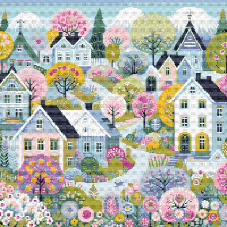Colorful Village Cross Stitch Pattern: Whimsical Folk Art Town (PDF ...