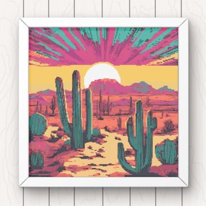 Desert Cross Stitch Pattern sunrise landscape cactus pdf instant download counted cross stitch chart full coverage 200x200 stitches
