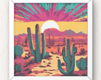 Kruissteekpatroon woestijnzonsopgang: cactuslandschap (pdf-download)