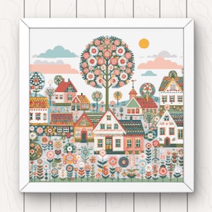 Village Cross Stitch Pattern houses pdf instant download colourful folk art town counted cross stitch chart whimsical full coverage large