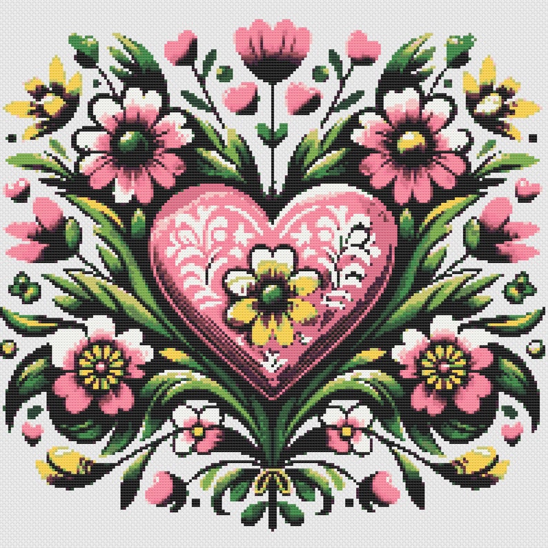 Heart and Flowers Cross Stitch Pattern: Folk Art Chart (PDF Download ...