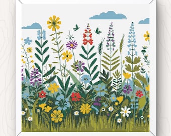 Flower Meadow Cross Stitch Pattern: Colorful Botanical Design (PDF Download)