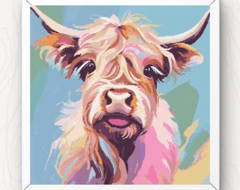 Highland Cow Cross Stitch Pattern cute modern pdf instant download animal counted cross stitch chart easy digital