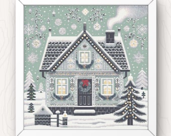 Christmas Cottage Cross Stitch Pattern: Cottagecore Winter Scene (PDF Download)