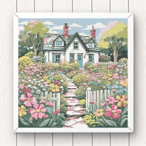 Kruissteekpatroon huisje en bloementuin planten natuur pdf download kleurrijk huis met bomen en bloemenkaart volledige dekking groot