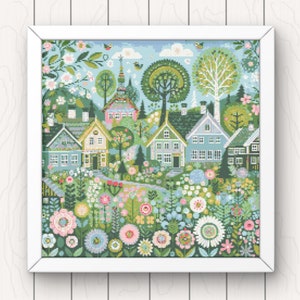 Village Cross Stitch Pattern houses pdf instant download folk art town counted cross stitch pattern whimsical full coverage large