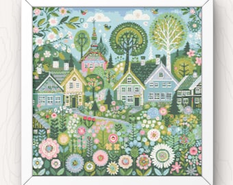 Whimsical Village Cross Stitch Pattern: Folk Art Town (PDF Download)