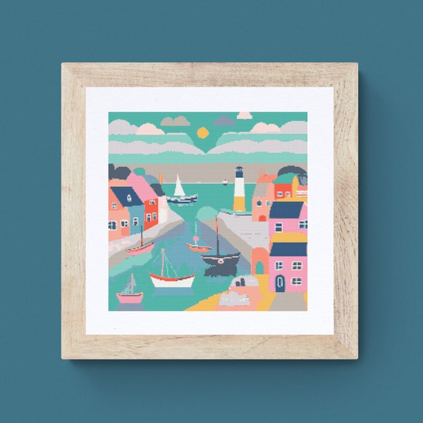 Harbour Cross Stitch Pattern boats and houses pdf instant download colourful town counted cross stitch pattern chart full coverage large