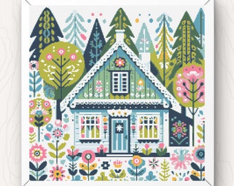 Whimsical Cottage Cross Stitch Pattern: Colorful Folk Art House (PDF Download)