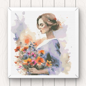 Patrón de punto de cruz de acuarela dama bonita con flores pdf descarga instantánea gráfico de punto de cruz contado ramo cobertura completa grande