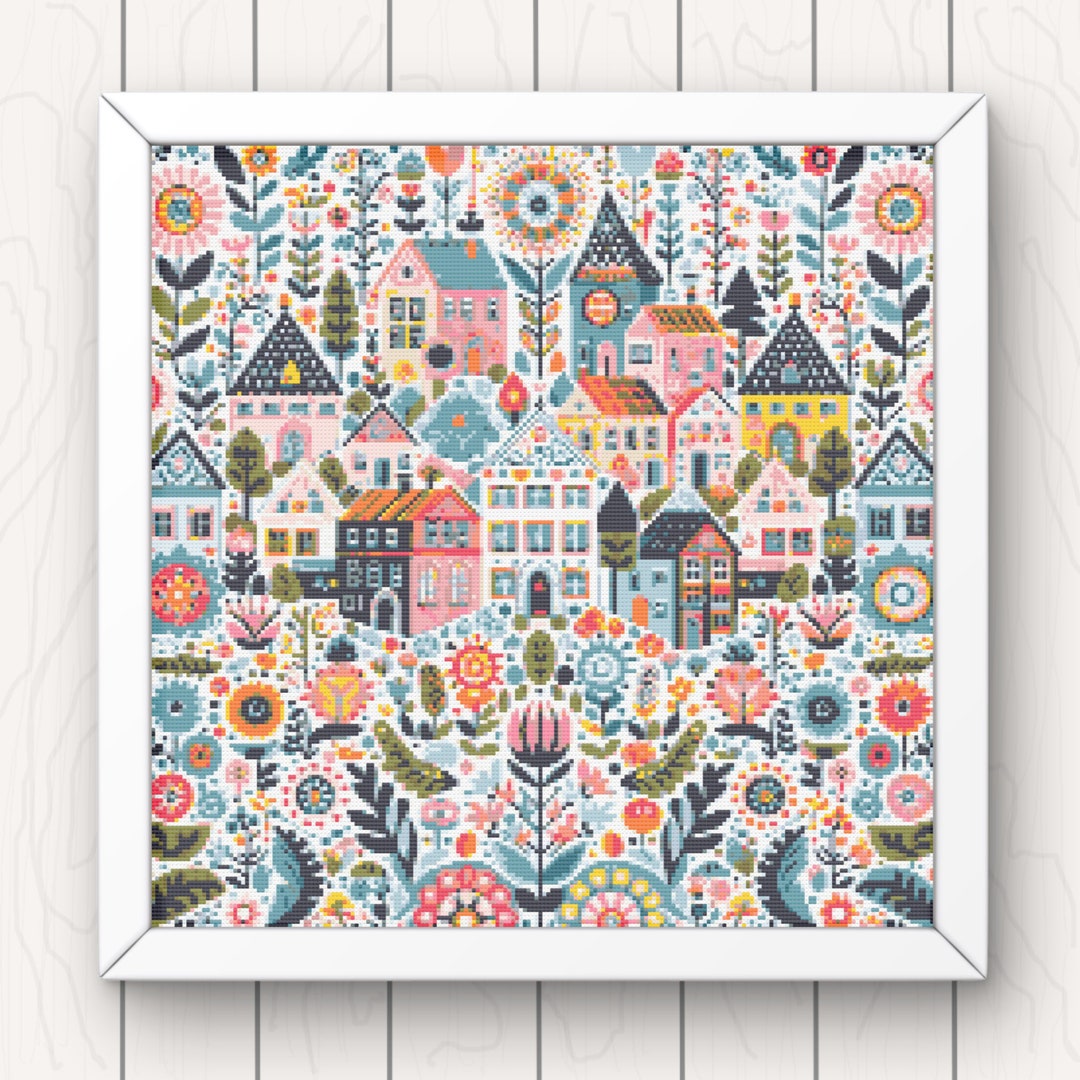 Village Cross Stitch Pattern: Folk Art Houses and Flowers (PDF Download ...