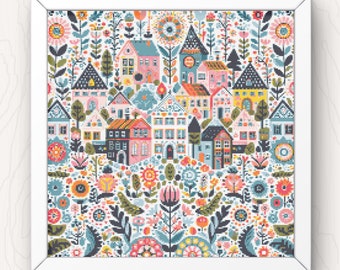 Village Cross Stitch Pattern houses and flowers pdf instant download folk art town counted cross stitch pattern whimsical large