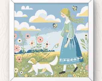 Whimsical Girl Walking Dog Cross Stitch Pattern: Folk Art (PDF Download)