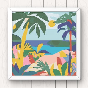 Beach Cross Stitch Pattern modern palm trees pdf instant digital download tropical island colourful counted cross stitch chart coastal