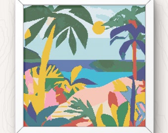 Schema punto croce palme tropicali: design isola moderna (schema PDF)