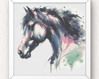 Padrão de ponto cruz com cabeça de cavalo em aquarela: design animal moderno (download em PDF)