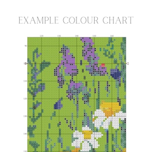 May include: A colour chart for a cross stitch pattern. The chart shows a variety of colours, including green, purple, blue, yellow, white, and black. The chart is numbered with rows and columns.