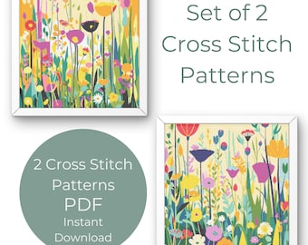 Flower Meadow Cross Stitch Patterns Set of 2 Flowers Landscape Nature pdf instant digital download counted cross stitch colourful