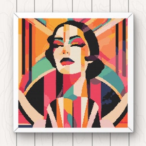 Art Deco Lady Portrait Cross Stitch Pattern: Abstract Colorful Design (PDF Download)