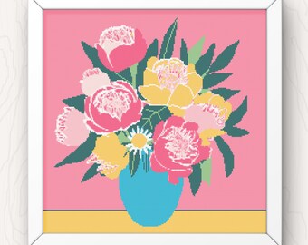 Abstract Peonies Cross Stitch Pattern: Modern Floral Design (PDF Download)