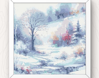 Winter Landscape Cross Stitch Pattern: Snowy Nature Scene (PDF Download)