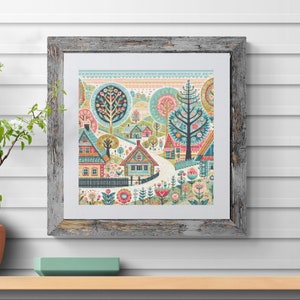 Village Cross Stitch Pattern houses pdf instant download folk art town counted cross stitch pattern whimsical full coverage large image 10