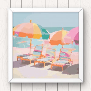 Beach Cross Stitch Pattern sun loungers pdf instant download colourful coastal seascape holiday counted cross stitch pattern full coverage