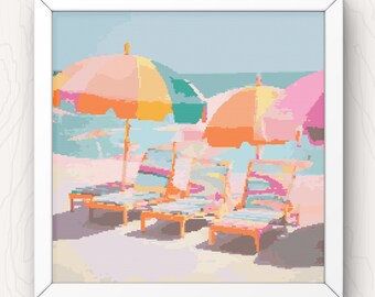 Strandligstoelen kruissteekpatroon: kleurrijk kustzeegezicht (pdf-download)