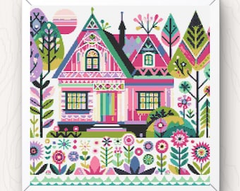 Whimsical House Cross Stitch Pattern: Folk Art Cottage (PDF Download)
