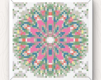 Bloemmozaïek kruissteekpatroon: abstracte roze en groene bloemen (pdf-download)