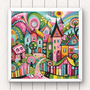 Può includere: Un'illustrazione colorata e fantasiosa di una città con case, alberi e un sentiero tortuoso. Le case sono dipinte con colori vivaci, tra cui rosa, blu, giallo e verde. Gli alberi hanno foglie grandi e rotonde e sono anche dipinti con colori vivaci. Il sentiero è un design astratto tortuoso che attraversa la città.