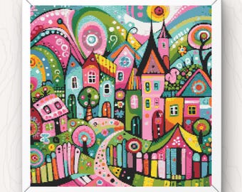 Colorful Village Cross Stitch Pattern: Whimsical Folk Art Town (PDF Download)