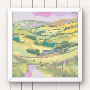 May include: A painting depicting a green, rolling countryside with a small house in the distance. The sky is a light blue with a pink hue.