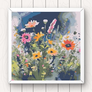 Wildblumen Wiese Kreuzstichmuster stürmischer Himmel Blumen Blumenwiese pdf sofort download Kreuzstichvorlage komplette Abdeckung