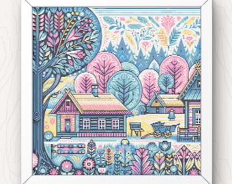Village Houses Cross Stitch Pattern: Folk Art Landscape (PDF Download)