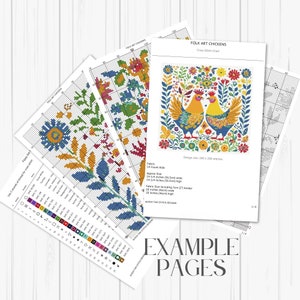 May include: Cross stitch pattern chart for a folk art design featuring two chickens with colorful flowers and leaves. The design size is 200 x 200 stitches and is suitable for 14 count Aida fabric. The finished project will measure approximately 14 1/4 inches wide by 14 1/4 inches high.