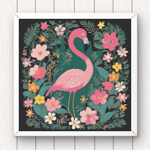 Flamingo and Flowers Cross Stitch Pattern: Modern Bird Art (PDF Digital Download)