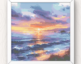 Sunset Beach Cross Stitch Pattern: Coastal Seascape (PDF Download)
