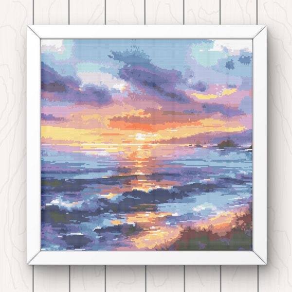 Sunset Cross Stitch Pattern seascape waves and beach pdf instant download ocean beachscape coastal counted cross stitch chart full coverage