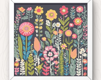 Whimsical Flower Meadow Cross Stitch Pattern: Colorful Botanical Design (PDF Pattern)