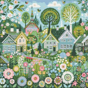 May include: A colorful illustration of a small town with houses, trees, and flowers. The houses are painted in shades of blue, green, and yellow, and the flowers are in shades of pink, purple, and white.