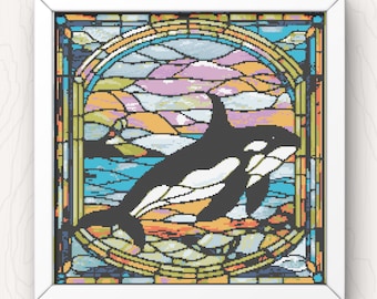 Orca Cross Stitch Pattern stained glass killer whale modern pdf instant download counted cross stitch chart digital
