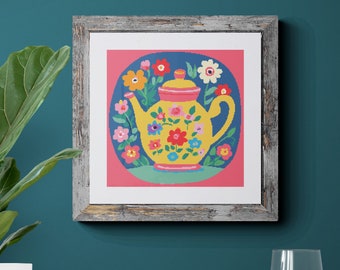 Teapot Cross Stitch Pattern pdf instant download floral folk art counted cross stitch pattern 200 x200 stitches