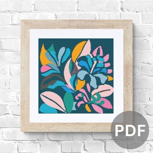 Modern kruissteekpatroon abstracte retro bloemen lelie en bladeren moderne gemakkelijke pdf instant download bloemenkruissteekkaart volledige dekking