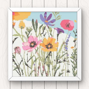 Flores silvestres patrón de punto de cruz acuarela floral pdf descarga instantánea paisaje contado patrón de punto de cruz gráfico cobertura completa