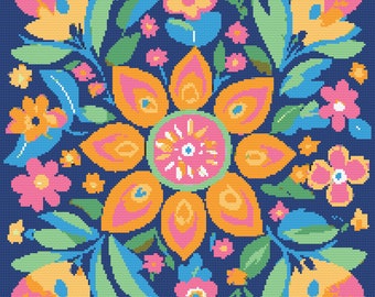 Patrón de punto de cruz de mandala floral: Diseño floral colorido (Descarga PDF)