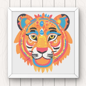 Tiger Cross Stitch Pattern modern pdf instant digital download colourful wild animal big cat counted cross stitch chart