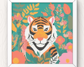Colorful Tiger Cross Stitch Pattern: Modern Wild Animal (PDF Download)